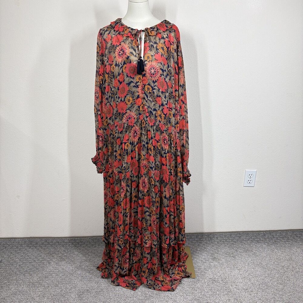 Anthropologie Marais Maxi Dress Womens 3X Plus Floral Chiffon Tiered Boho Tassel